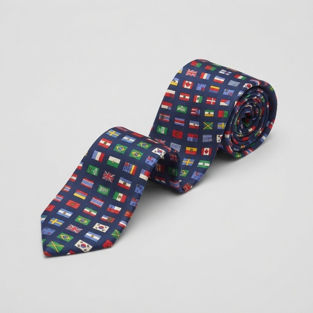 Straits novelty Silk Necktie World Flags Navy Blue Hand Made travel preppy